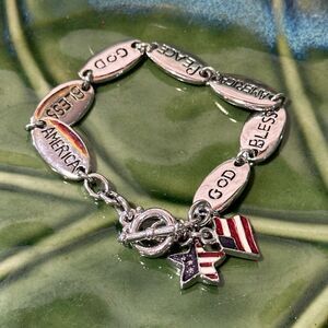God Bless America Premier Designs Silver Station Charm Bracelet Toggle Closure